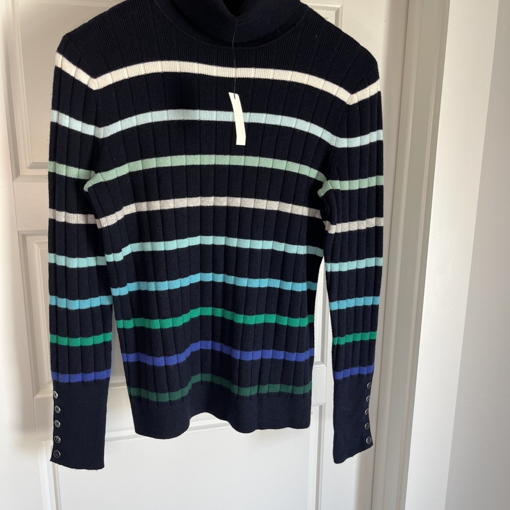 TALBOTS Blue Green Stripe Ribbed Turtleneck Sweater Button Cuff S New Nautical - Picture 4 of 12